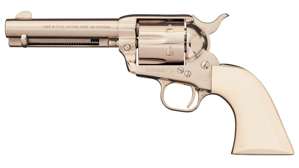 1979 Colt SAA .44 Special Single Action Army – 3rd Gen Nickel, 4.75″ Barrel, Relief-Carved Steer Head Grips (Used) – SA29126