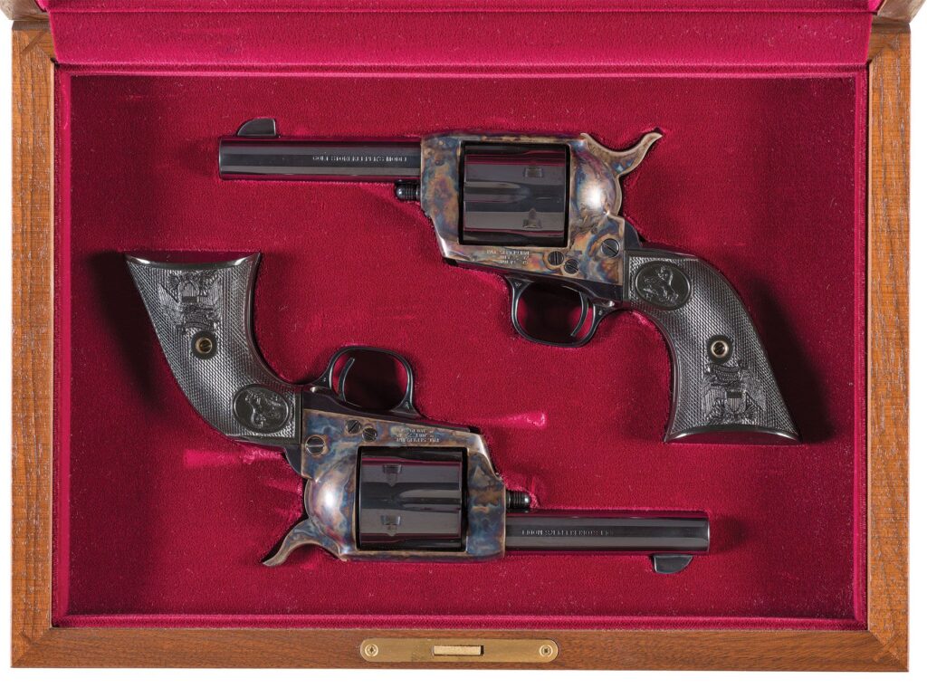 Cased Consecutive Pair – Colt 3rd Gen Storekeeper’s Single Action Army SAA Revolvers, .45 Colt, 4″ Barrel, Near New w/ Boxes (Used) – SA95271