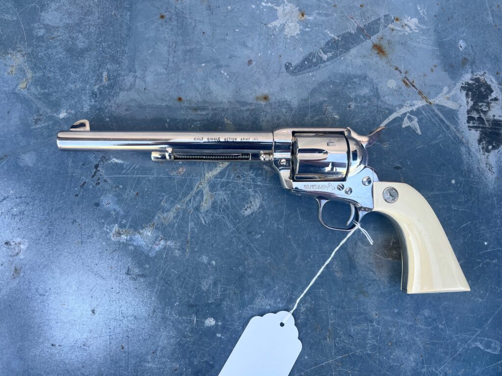 Colt Single Action Army .45 Long Colt – Nickel, 7.5″ Barrel, 3rd Gen, 1989, Ivory Grips (Used) – SA08234