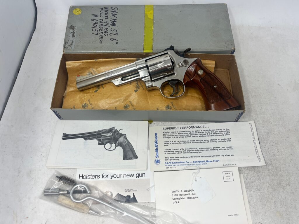 Smith & Wesson Model 57 – .44 Magnum, Nickel Finish, 6″ Barrel, with Box (Used) – N690157