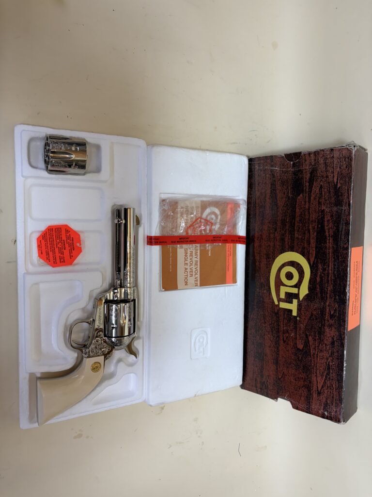 USED Colt Single Action Army SAA Engraved .45 Colt / .45 ACP Dual Cylinder – Nickel Finish 1984 (Used) – SA65612