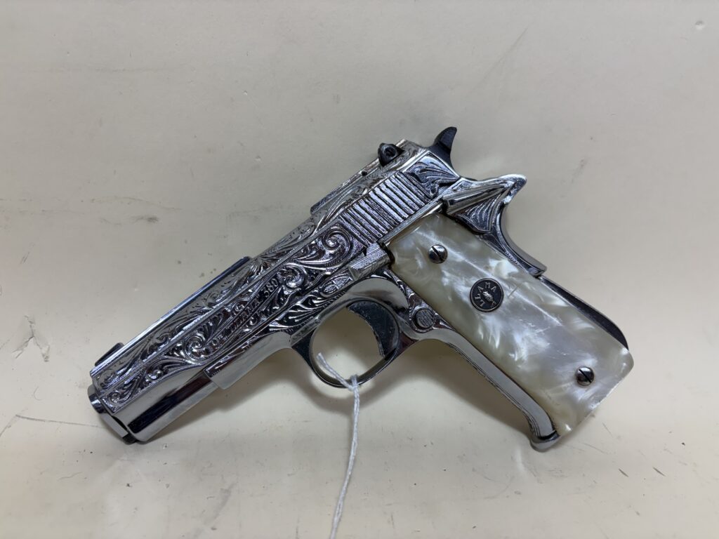 USED Llama Model III-A Deluxe .380 ACP Engraved Mini 1911 – Nickel Finish – Pearl-Style Grips (Used) – 573683